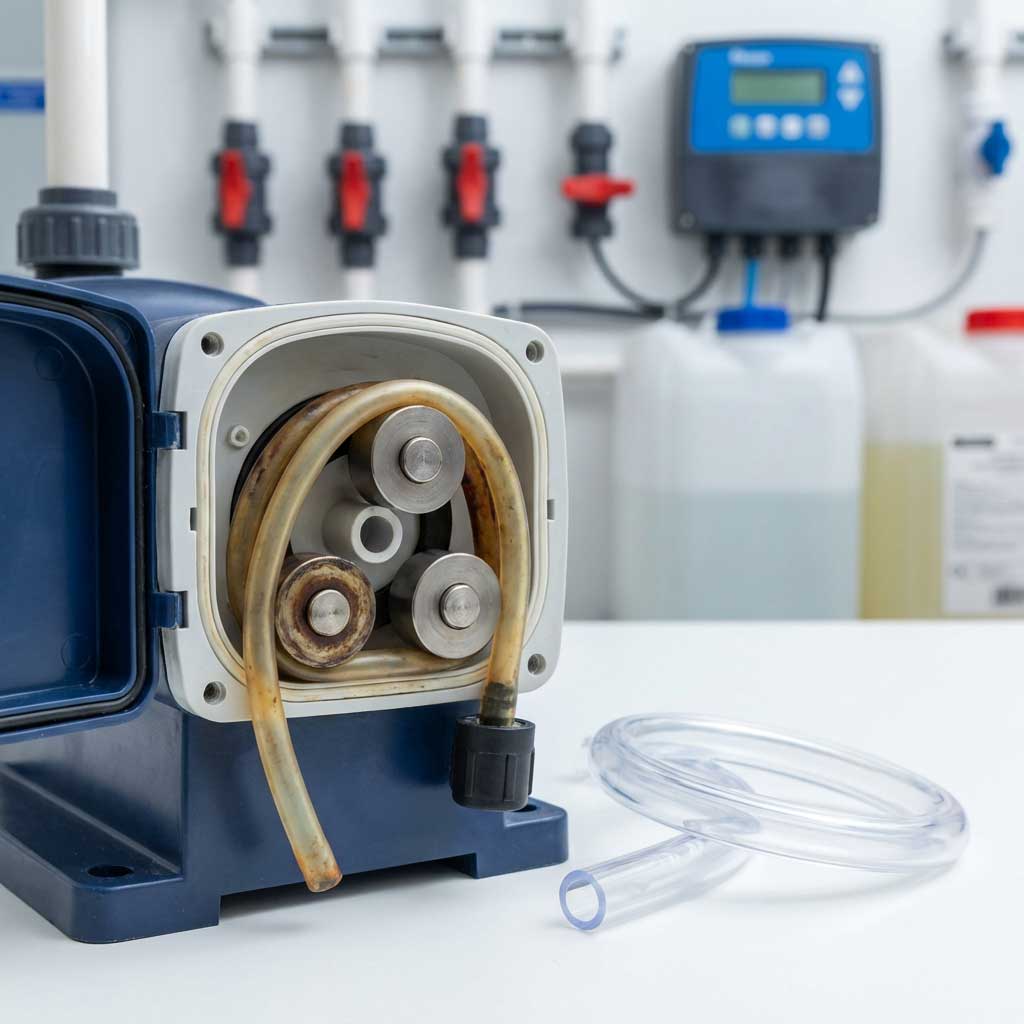 Eine peristaltische Pumpe mit freiliegenden Rollen und Schläuchen, die für Flüssigkeitstransferanwendungen verwendet wird.