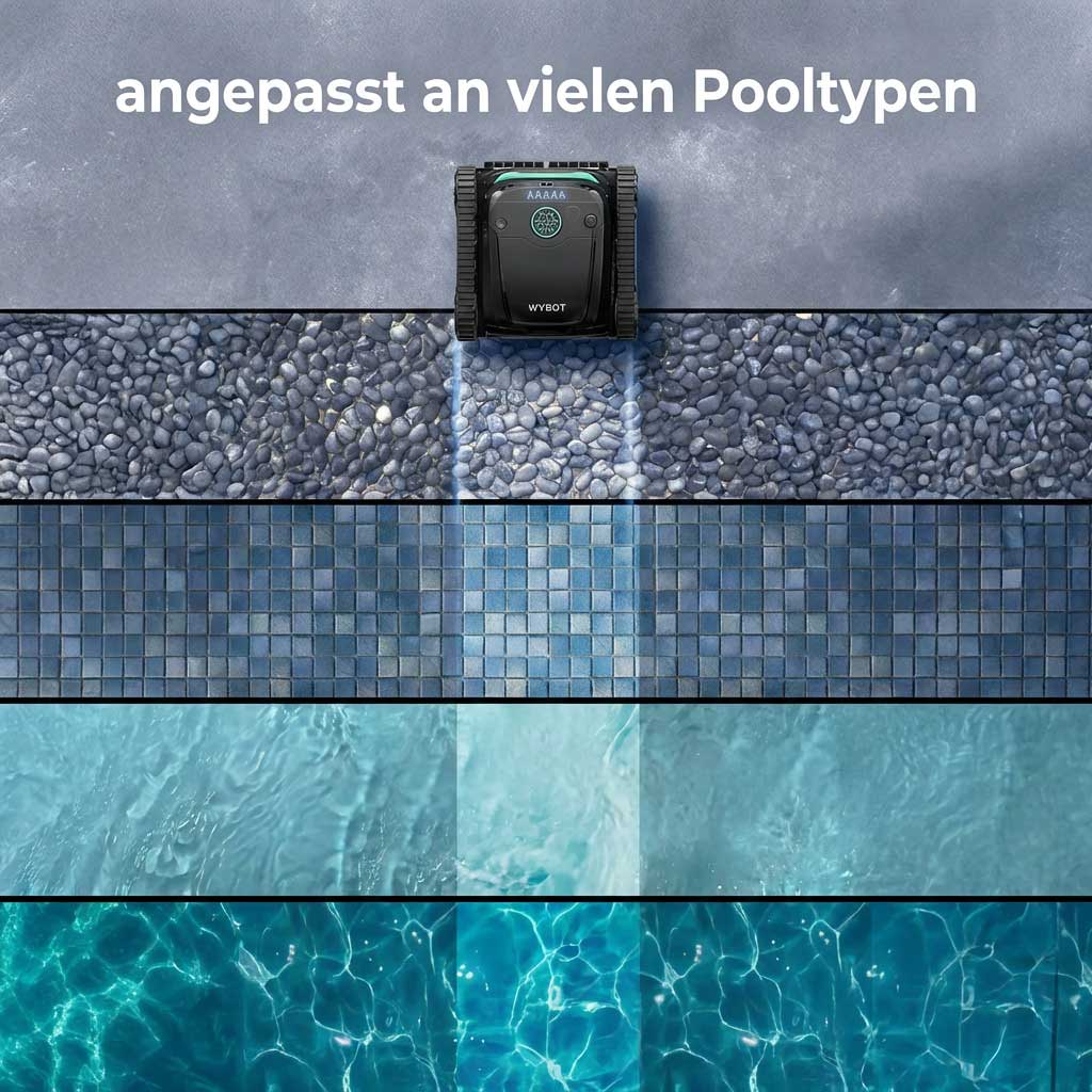 Verschiedene Pooloberflächen, darunter Kieselsteine, Fliesen und Wassertexturen.