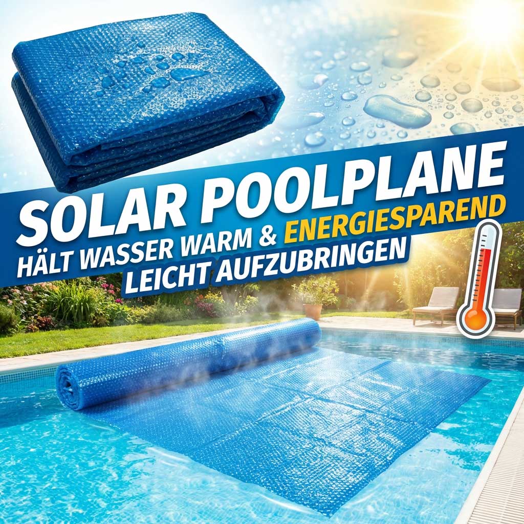 Blaue Solar-Poolabdeckung, die teilweise auf einer Schwimmbadoberfläche abgerollt ist.