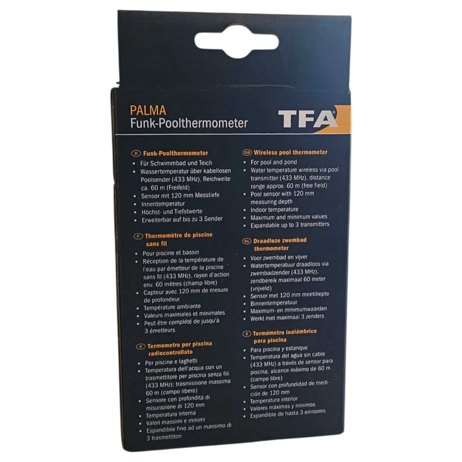Die Rückseite einer Produktverpackung für ein kabelloses Poolthermometer mit Auflistung der technischen Daten.