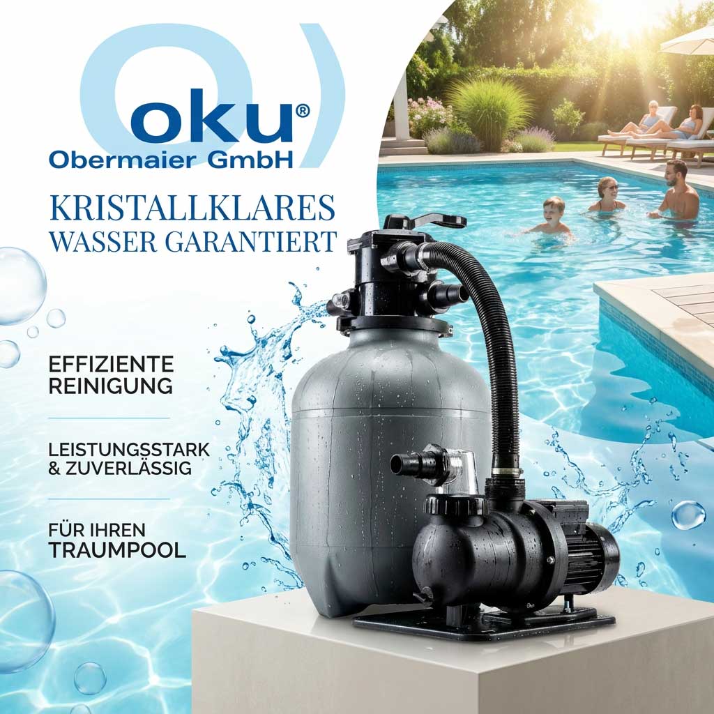 Poolfilteranlage mit Pumpe und Filtertank neben einem Schwimmbad.