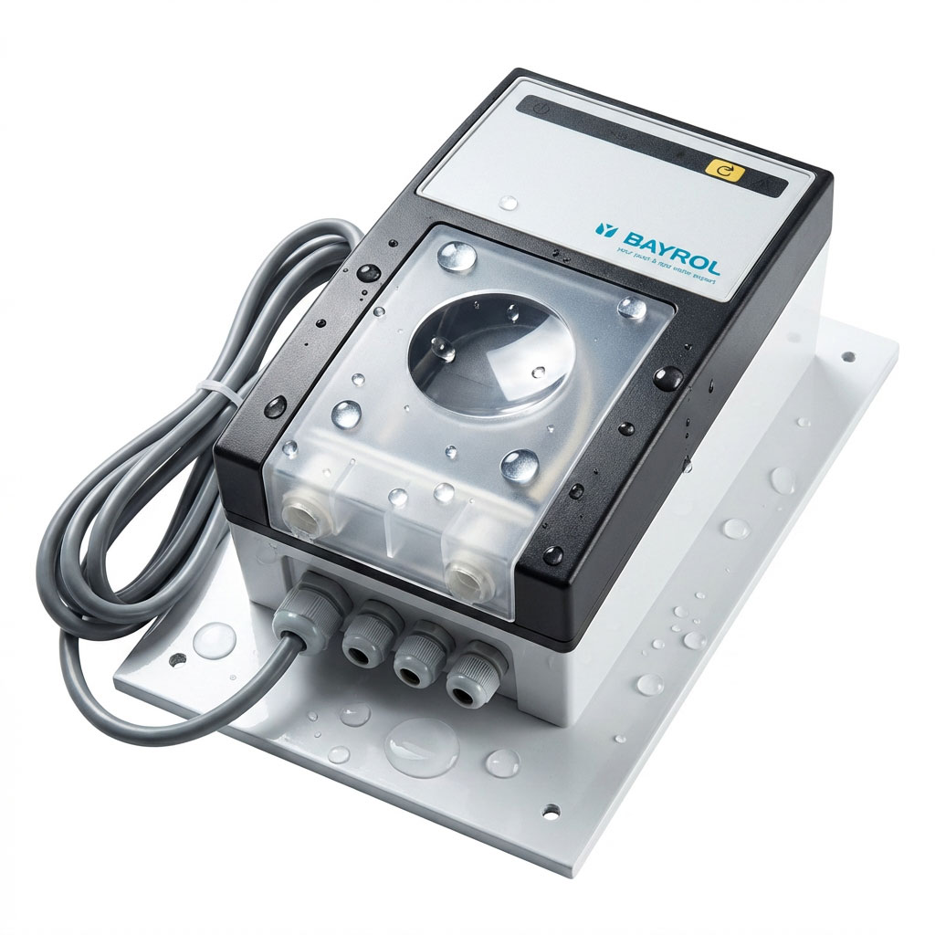 Chemikalien-Dosierpumpe mit Bedienfeld und mehreren Anschlussanschlüssen.