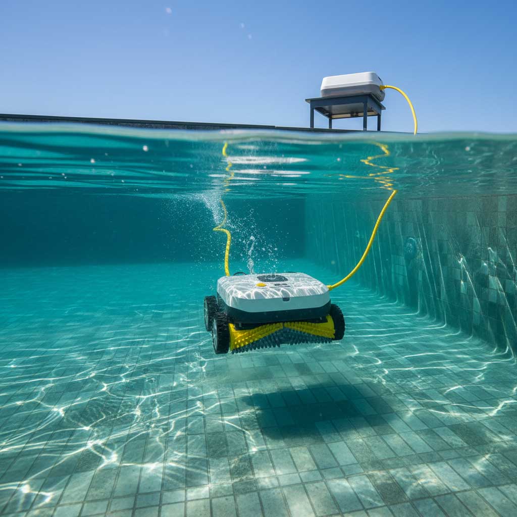 Unterwasseransicht eines automatischen Poolreinigers mit Roboterdesign und externer Stromversorgung.