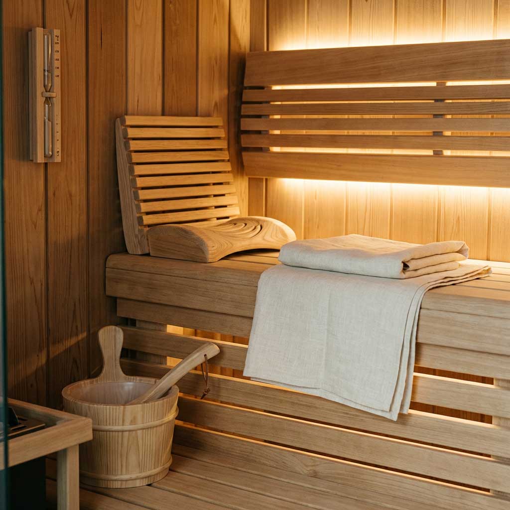 Innenansicht einer Sauna mit Holzbänken, Handtüchern, einem Eimer und einem Timer an der Wand.