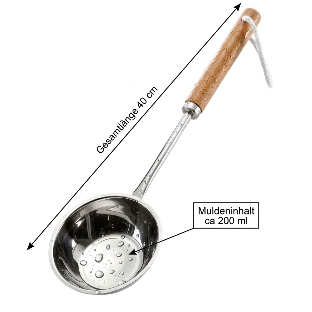 Saunakelle aus Edelstahl mit Holzgriff und einer Gesamtlänge von 40 cm.