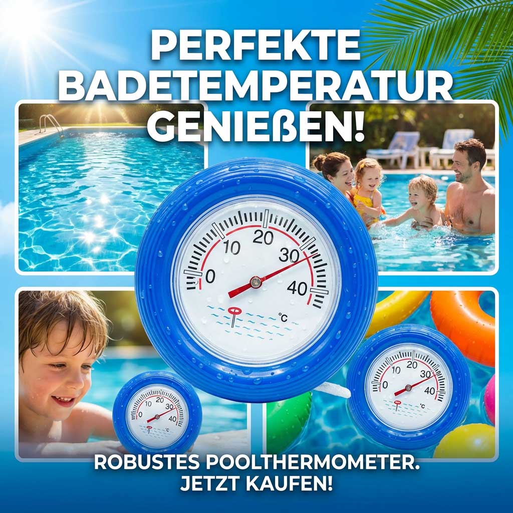 Poolthermometer, das die Wassertemperatur in Grad Celsius anzeigt.