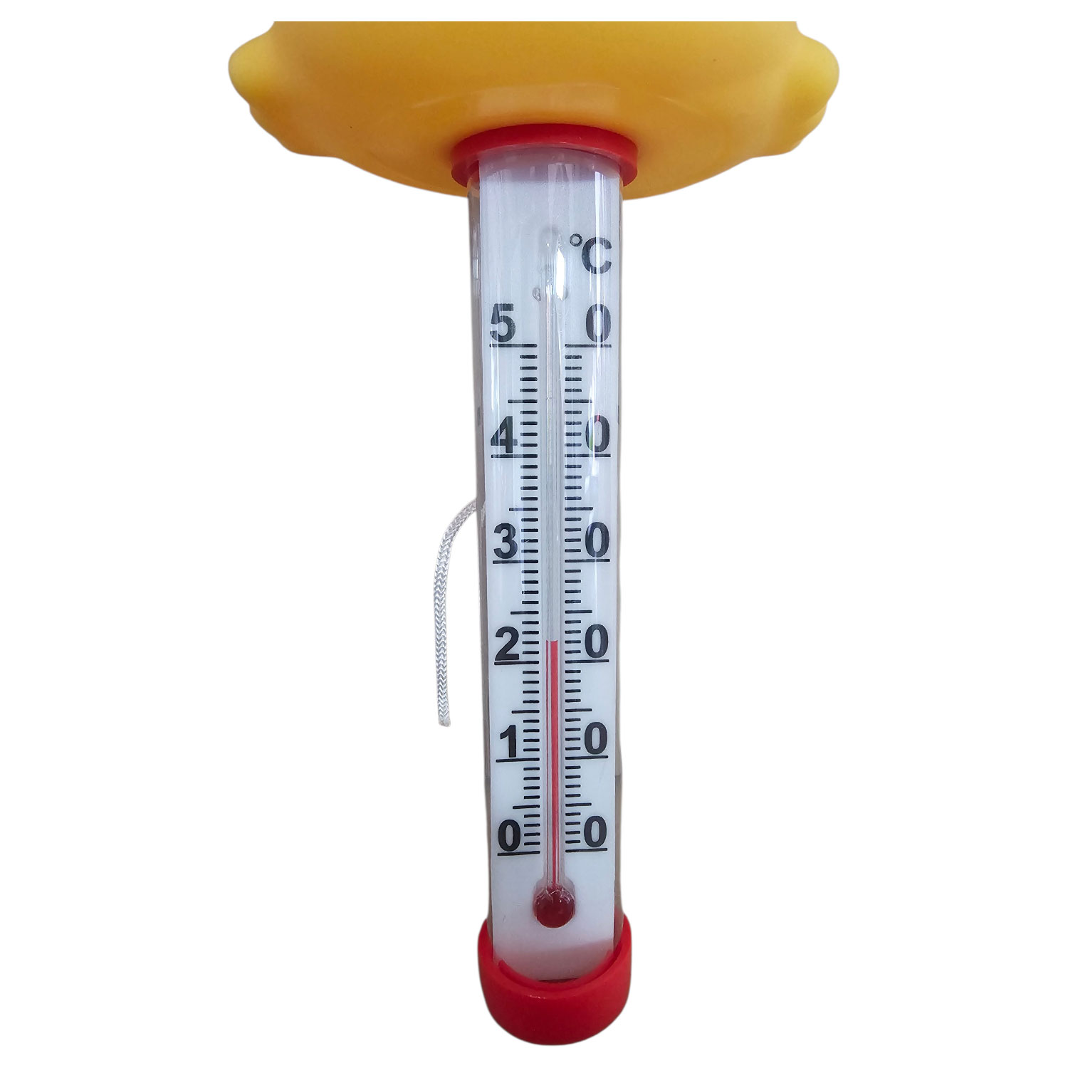 Schwimmendes Poolthermometer mit gelber Oberseite und klarer Skala.