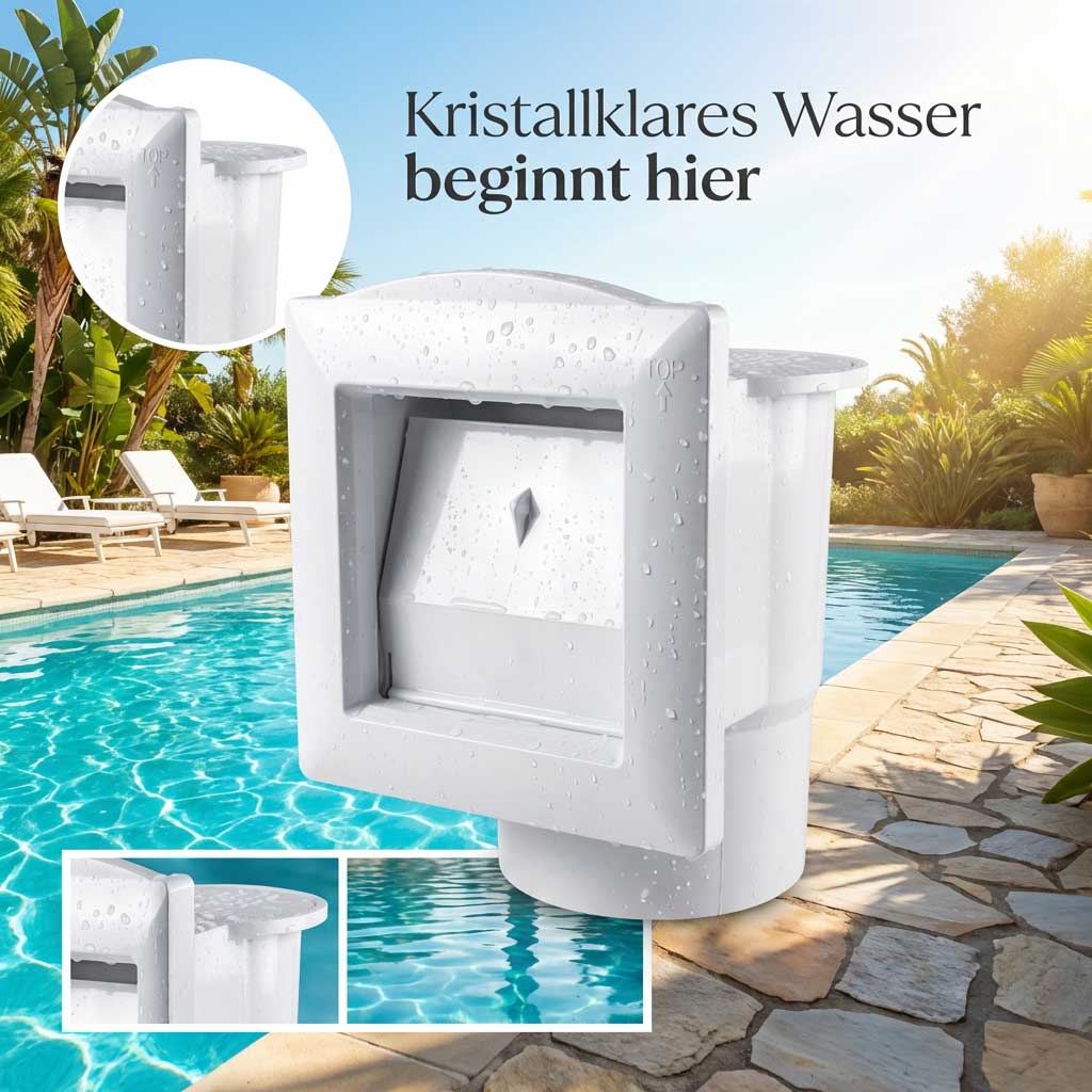 Weißer Poolskimmer mit Wassertropfen neben einem Schwimmbad.
