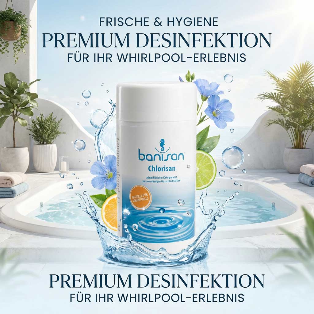 Behälter zur Pooldesinfektion, der in der Nähe eines Whirlpools aufgestellt wird.