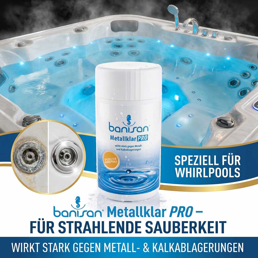 Whirlpool mit blauen Lichtern und Reinigungsmittel für Metallablagerungen.