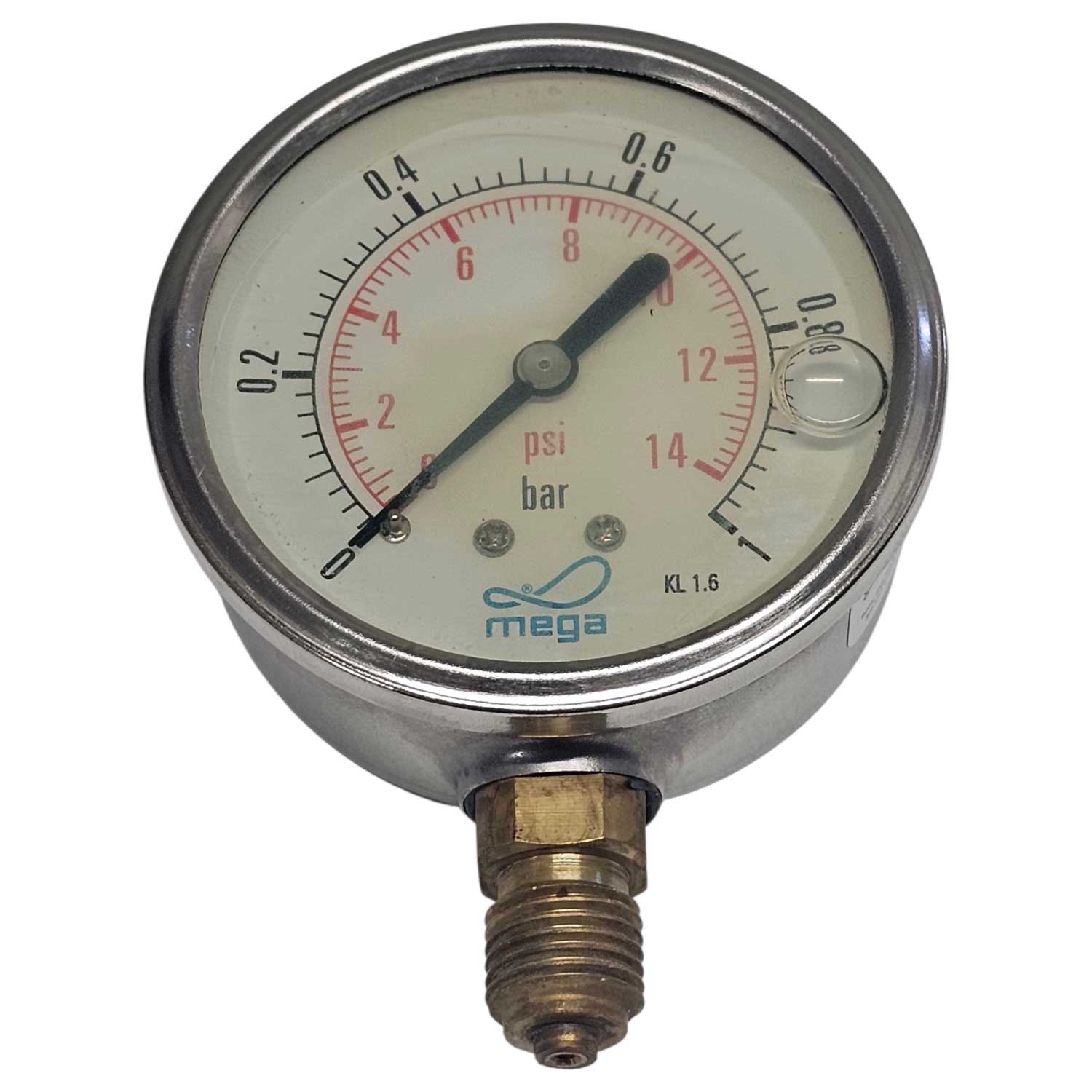 Manometer zur Anzeige von psi- und bar-Messwerten mit Messinganschluss.