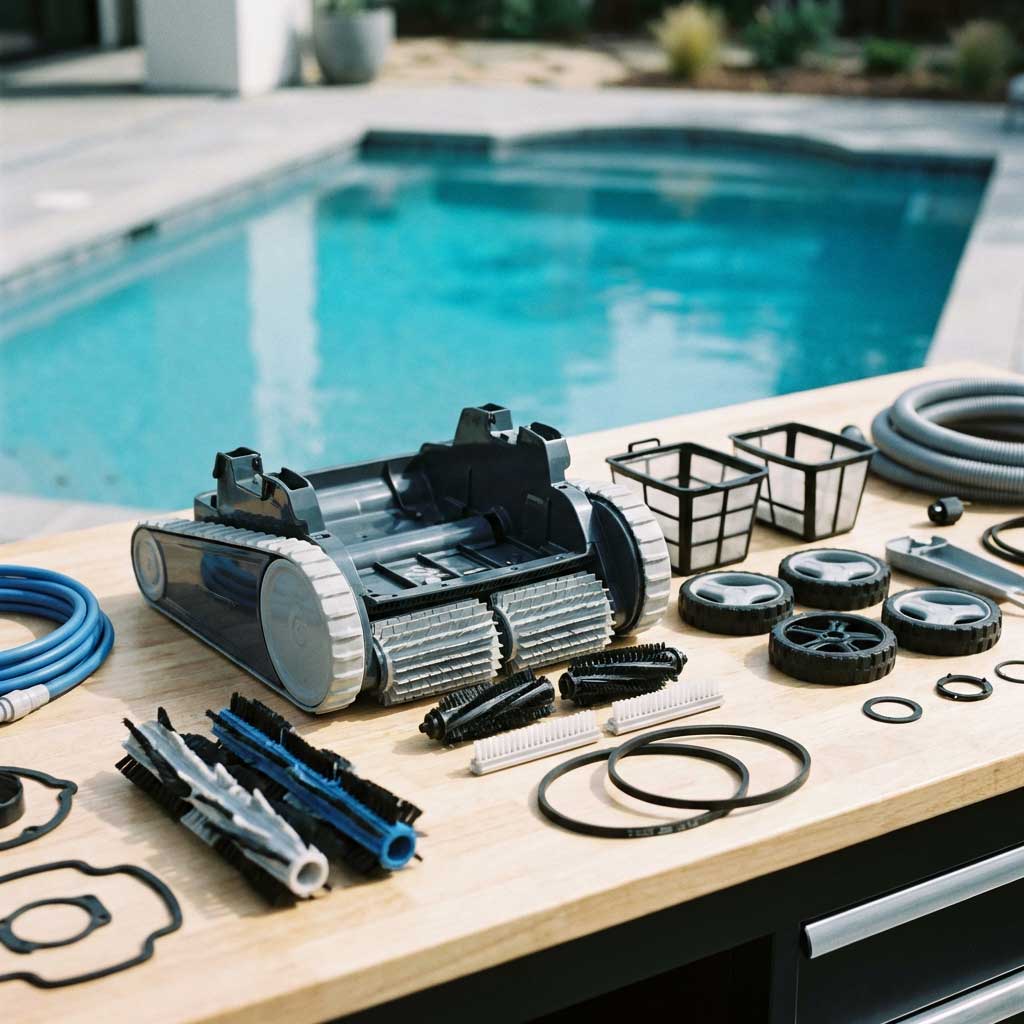 Poolreiniger, Komponenten und Ersatzteile werden auf einem Holztisch am Pool präsentiert.