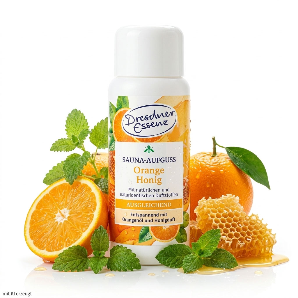 Eine weiße Flasche Saunaaufgusskonzentrat mit Orangen- und Honigduft auf weißem Hintergrund.