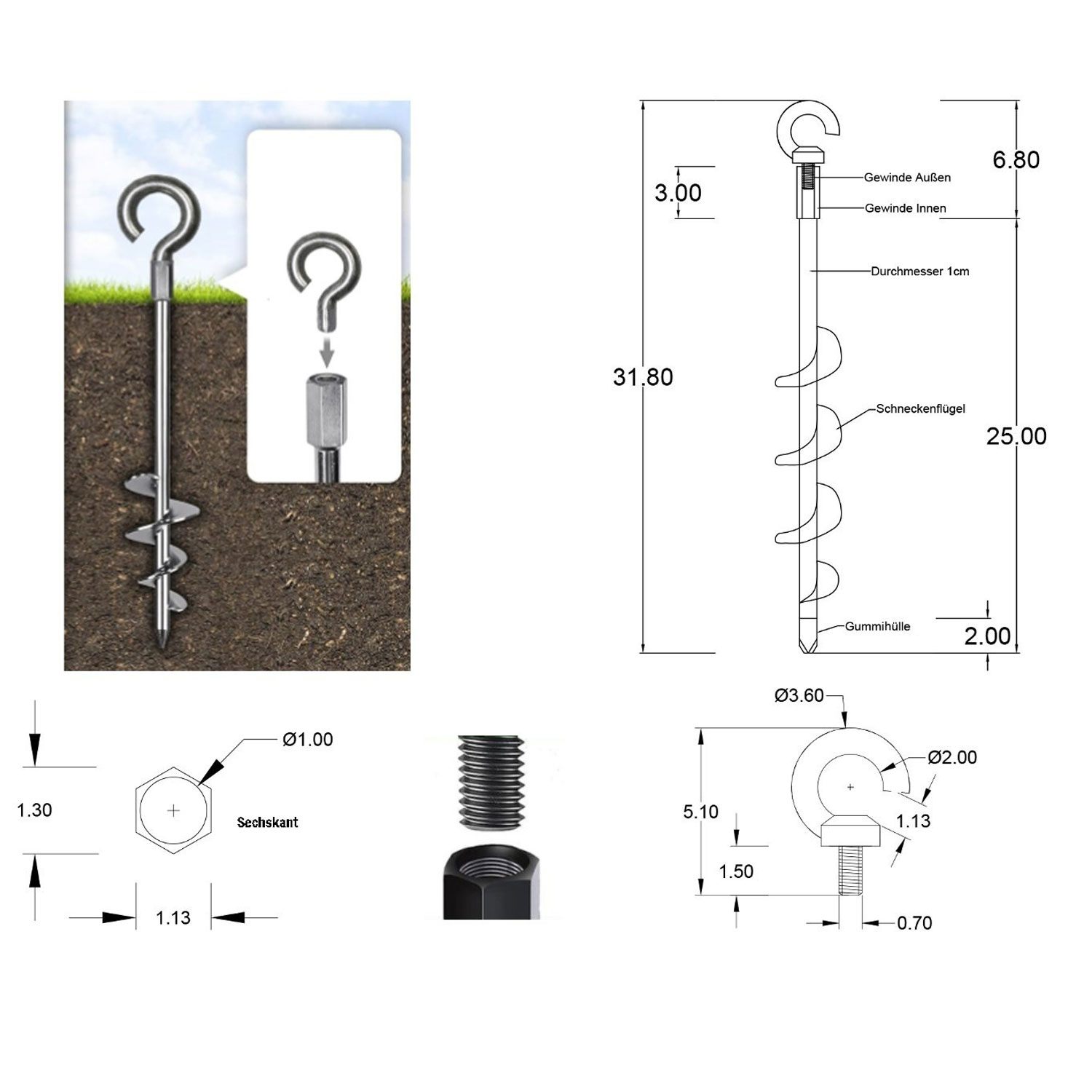 Technische Zeichnung und Illustration eines Erdankers aus Metall zur Befestigung von Abdeckplanen.