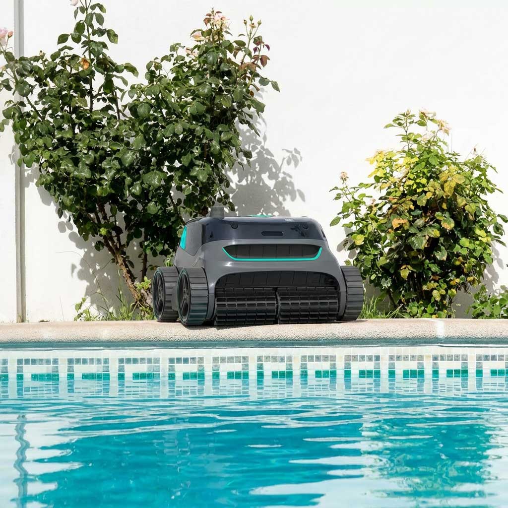 Roboter-Poolreiniger neben einem Schwimmbad positioniert.
