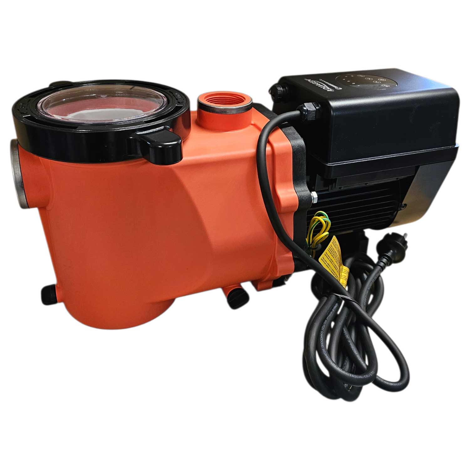 Eine orange-schwarze Poolpumpe mit variabler Drehzahl, transparentem Deckel und Netzkabel.