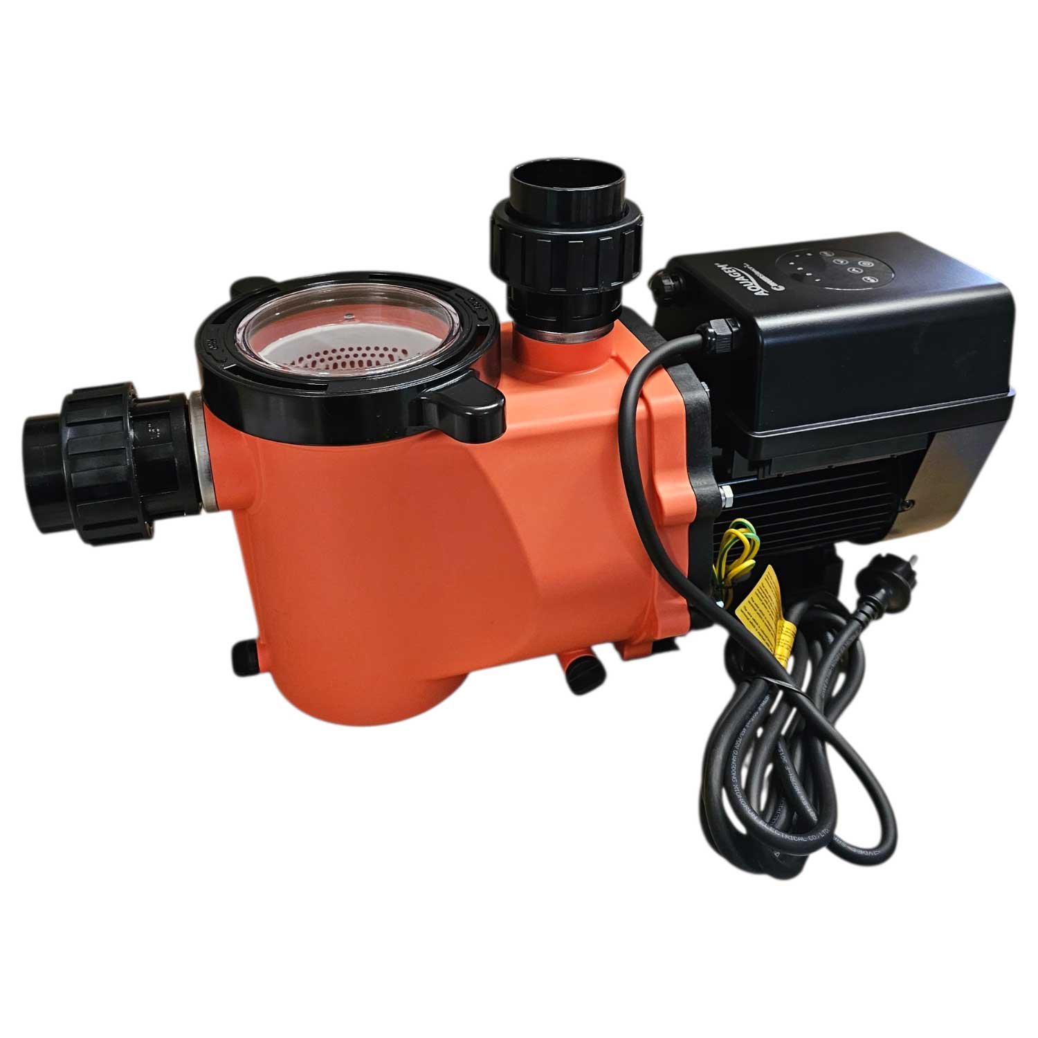 Orangefarbene Poolpumpe mit schwarzem Motorgehäuse und durchsichtiger Filterkorbabdeckung auf weißem Hintergrund.