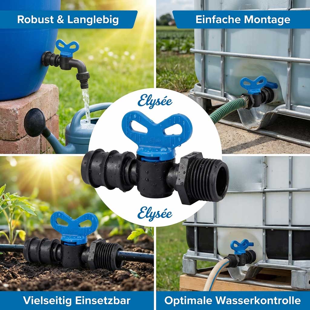 Multifunktionales Wasserventil mit blauem Griff und schwarzen Anschlüssen.