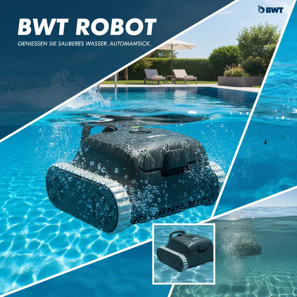 Das Bild zeigt einen automatischen Poolreinigungsroboter, der betriebsbereit in ein Schwimmbad eingetaucht ist.