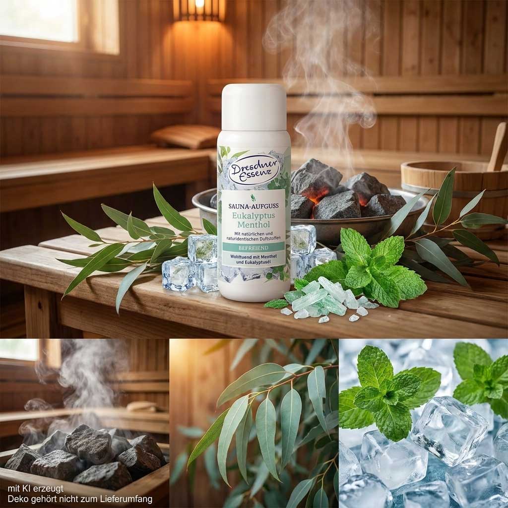Eine Flasche Dresdner Essenz Eukalyptus-Menthol-Saunaaufgusskonzentrat auf einer Holzbank.