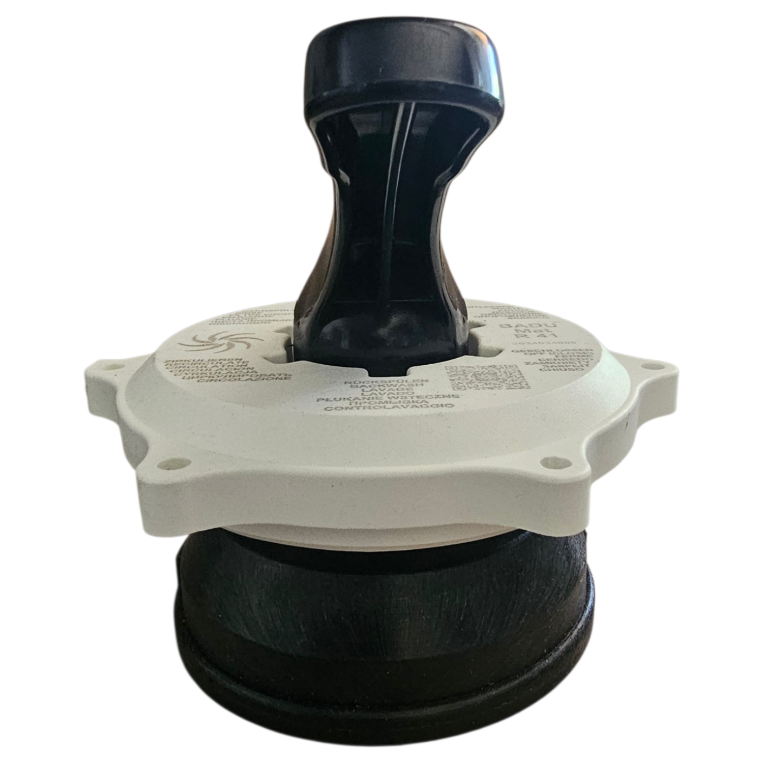 Ein weiß-schwarzer Multiport-Ventilkopf für ein Pool-Sandfiltersystem auf weißem Hintergrund.