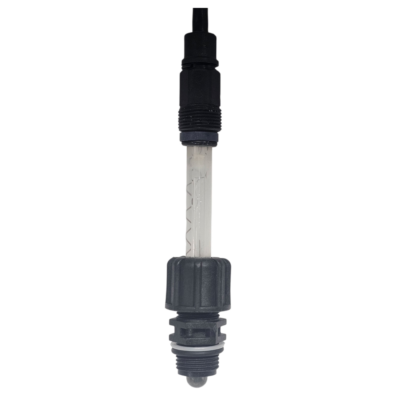 Transparenter Wassersensor mit schwarzen Anschlüssen zur Poolüberwachung.