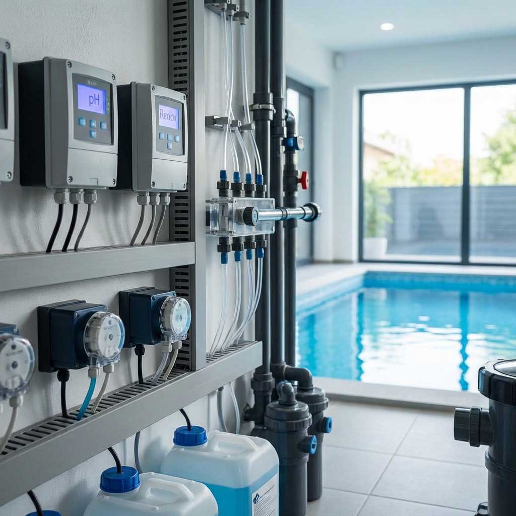 Poolwasseraufbereitungssystem mit Bedienfeldern, Chemikalienzuführungen und Sanitärkomponenten.