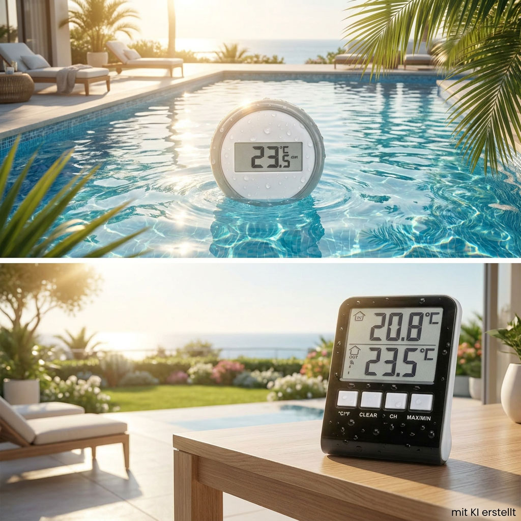 Ein schwimmendes Poolthermometer und eine digitale Anzeigeeinheit, die die Wassertemperaturwerte anzeigt.