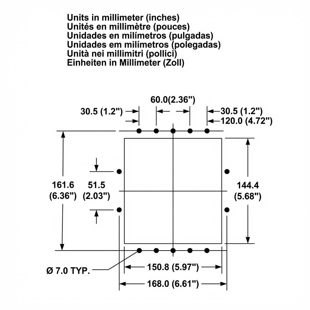 Technische Zeichnung mit Maßangaben in Millimetern und Zoll.