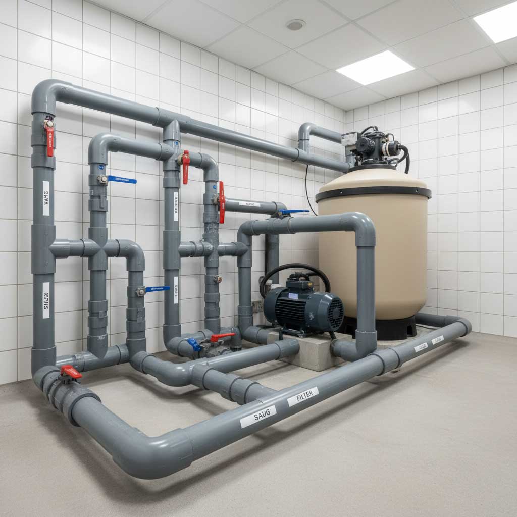Das Bild zeigt ein Poolfiltersystem mit Rohren, Ventilen, einem Filtertank und einem Motor in einem gefliesten Raum.
