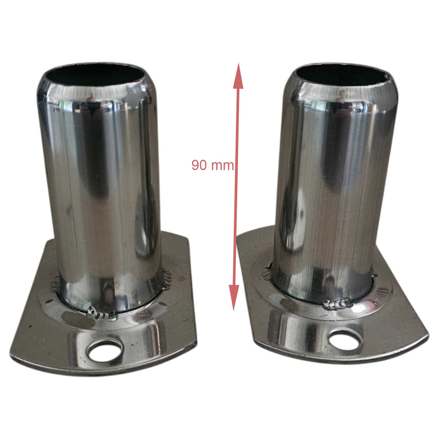 Abgebildet sind zwei Poolleiteranker aus Edelstahl mit einem Höhenmaß von 90 mm.