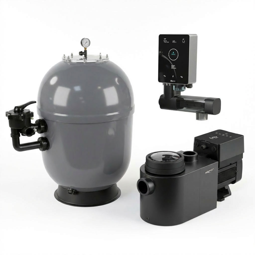 Poolfiltersystem mit Pumpe, Filter und Steuereinheit.