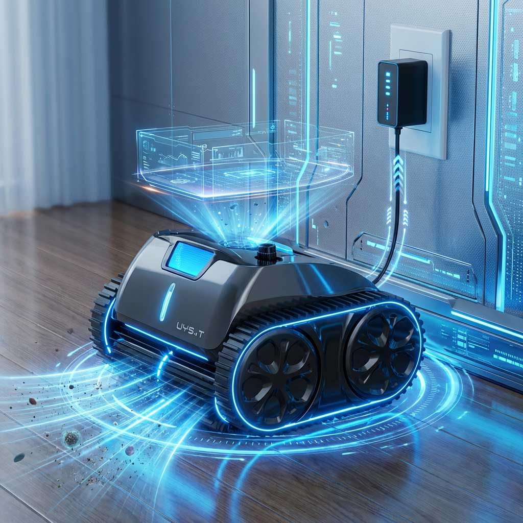Poolreiniger-Roboter mit Raupenantriebssystem und integriertem Ladeanschluss.