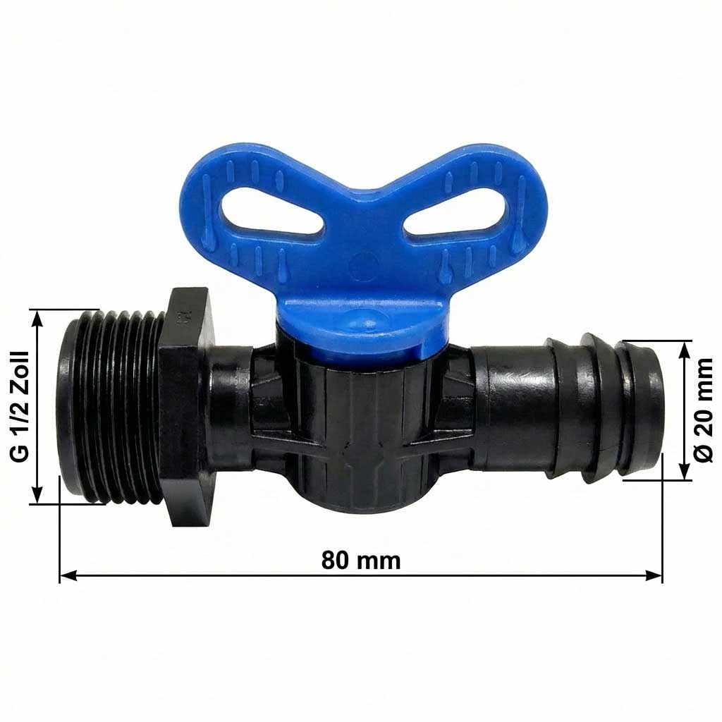 Schwarzes Kunststoffventil mit blauem Griff und Messmarkierungen.