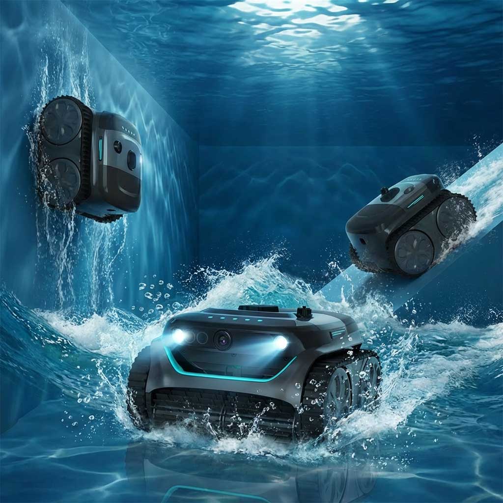 Drei Roboter-Poolreiniger arbeiten in einem Schwimmbad mit Wasserspritzern.