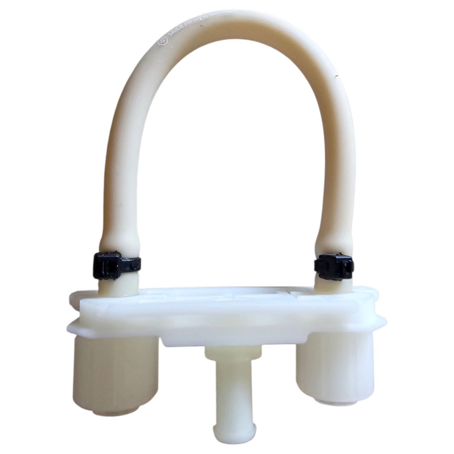 Kunststoffanschluss mit zwei Auslässen und gebogenem Griff für den Flüssigkeitstransfer.