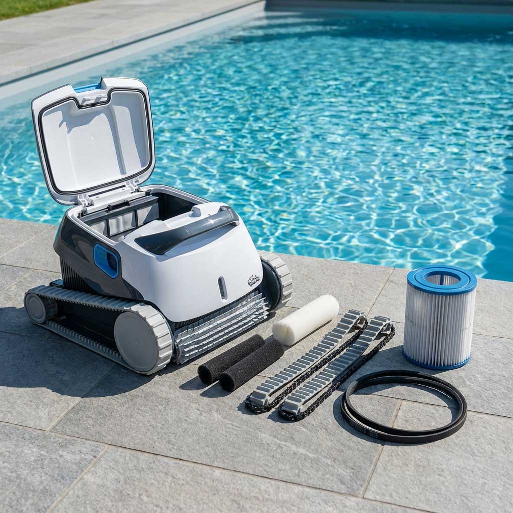 Automatischer Poolreiniger und seine Komponenten auf einer gefliesten Oberfläche in der Nähe eines Schwimmbades.