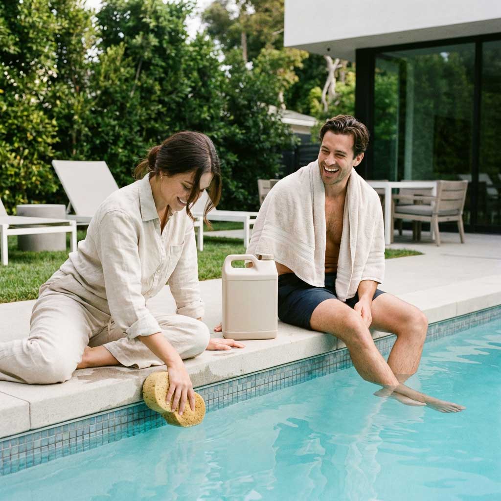Paar reinigt Schwimmbad mit Schwamm und Flüssigreiniger; Wartung von Privatpools.
