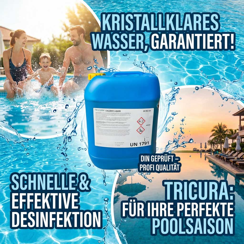 Behälter mit flüssigem Chlor zur Pooldesinfektion neben einem Schwimmbad.