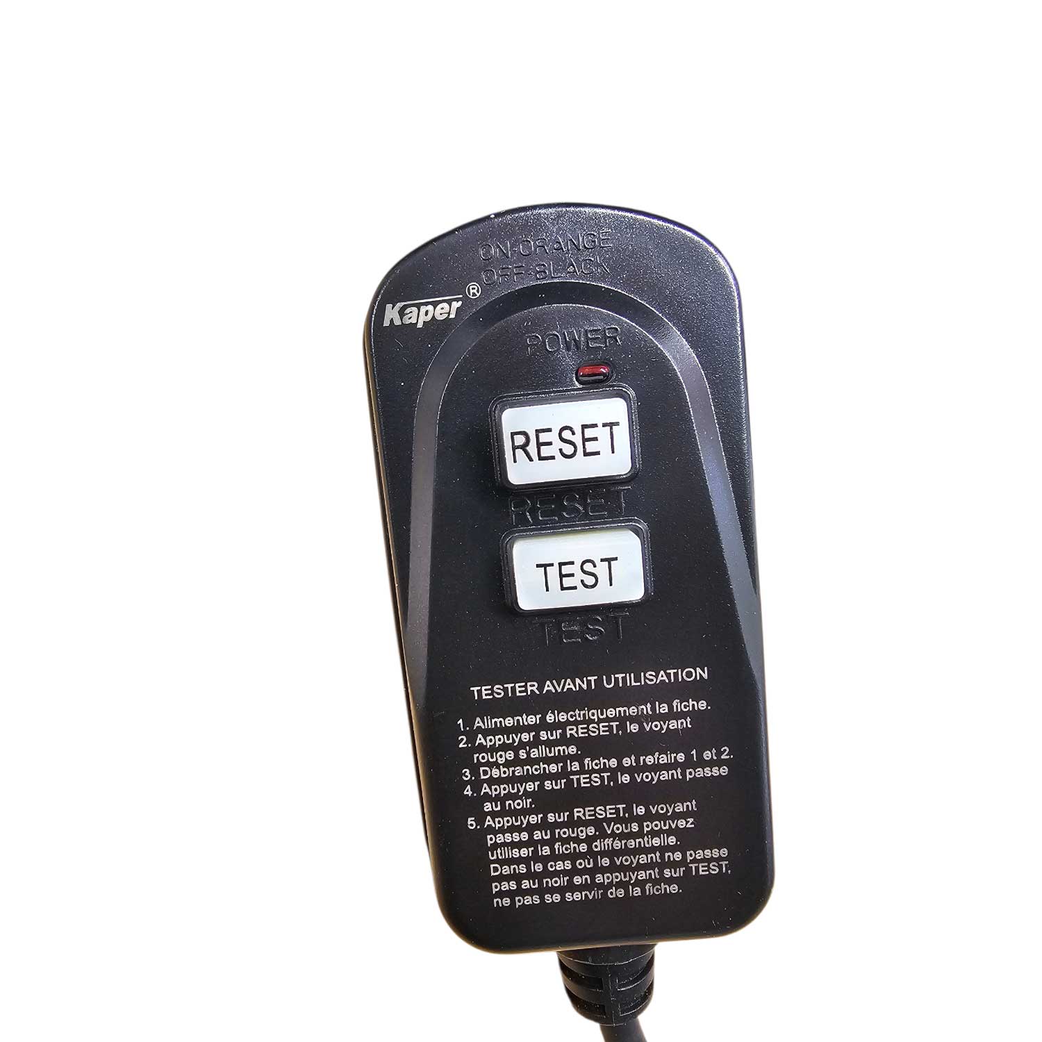 Elektrischer Tester mit Power-, Reset- und Testtasten.