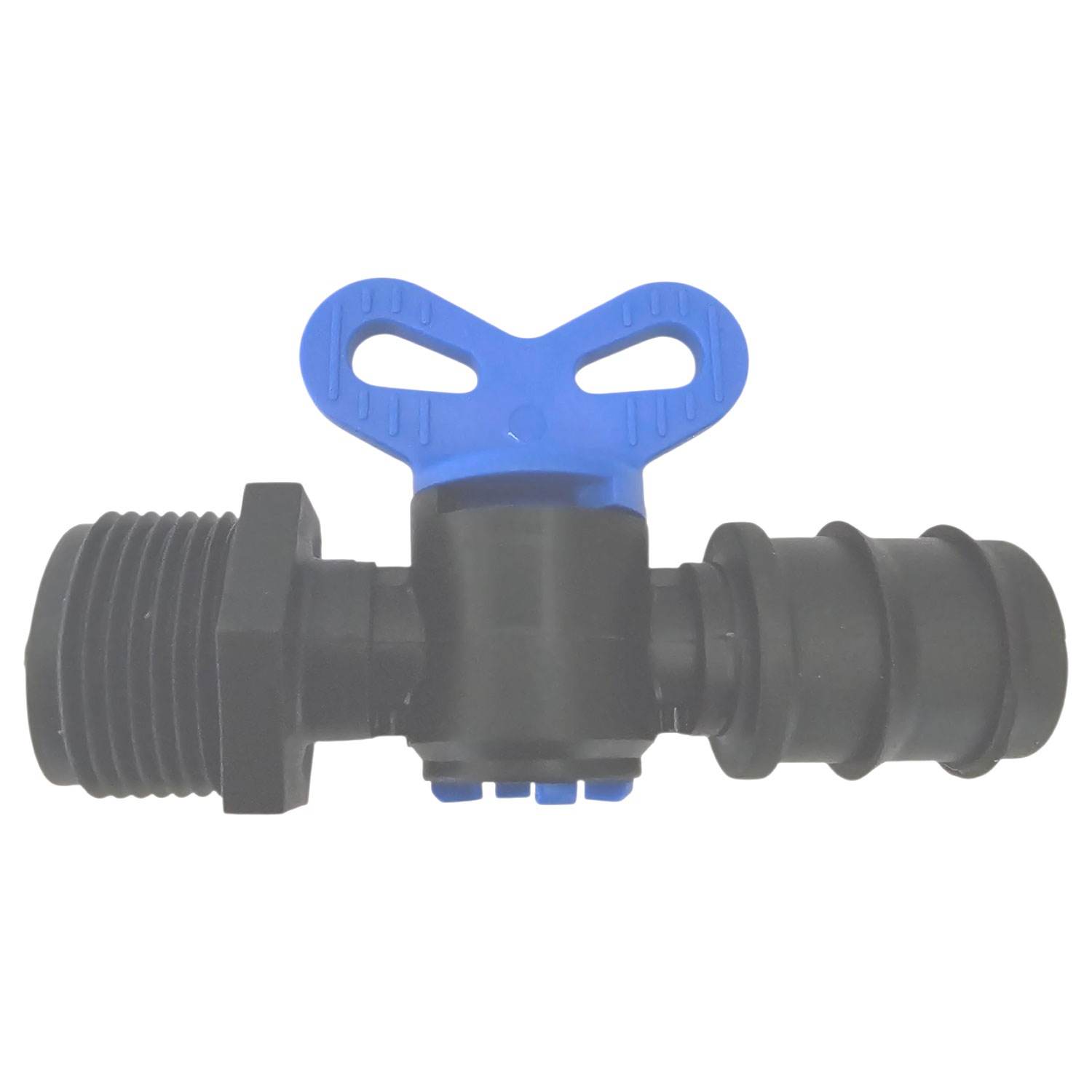 Schwarzes Kunststoffventil mit blauem Griff zur Steuerung des Wasserdurchflusses.