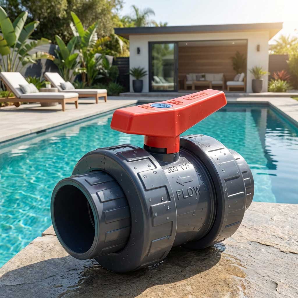 Kunststoffkugelhahn mit rotem Griff in der Nähe eines Schwimmbades.