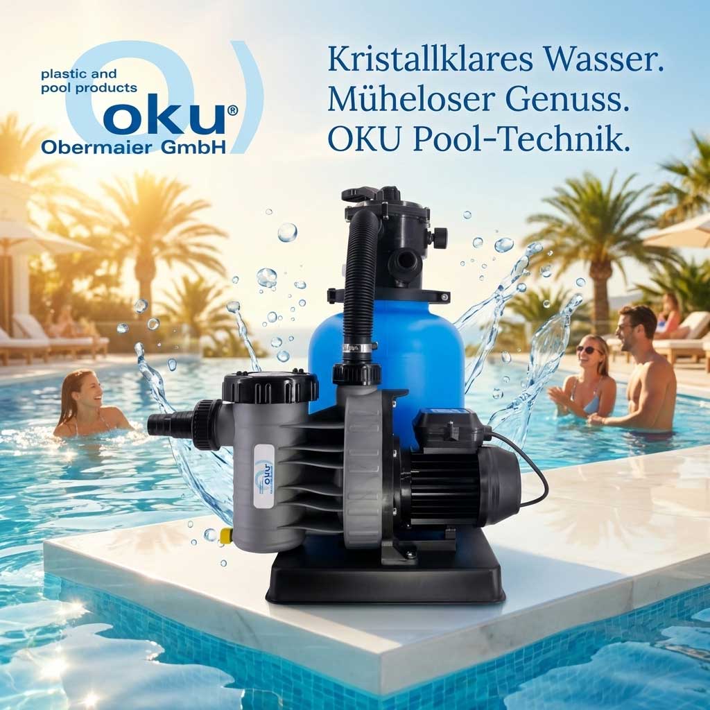 Poolpumpe mit Filtersystem, positioniert an einem Schwimmbecken.