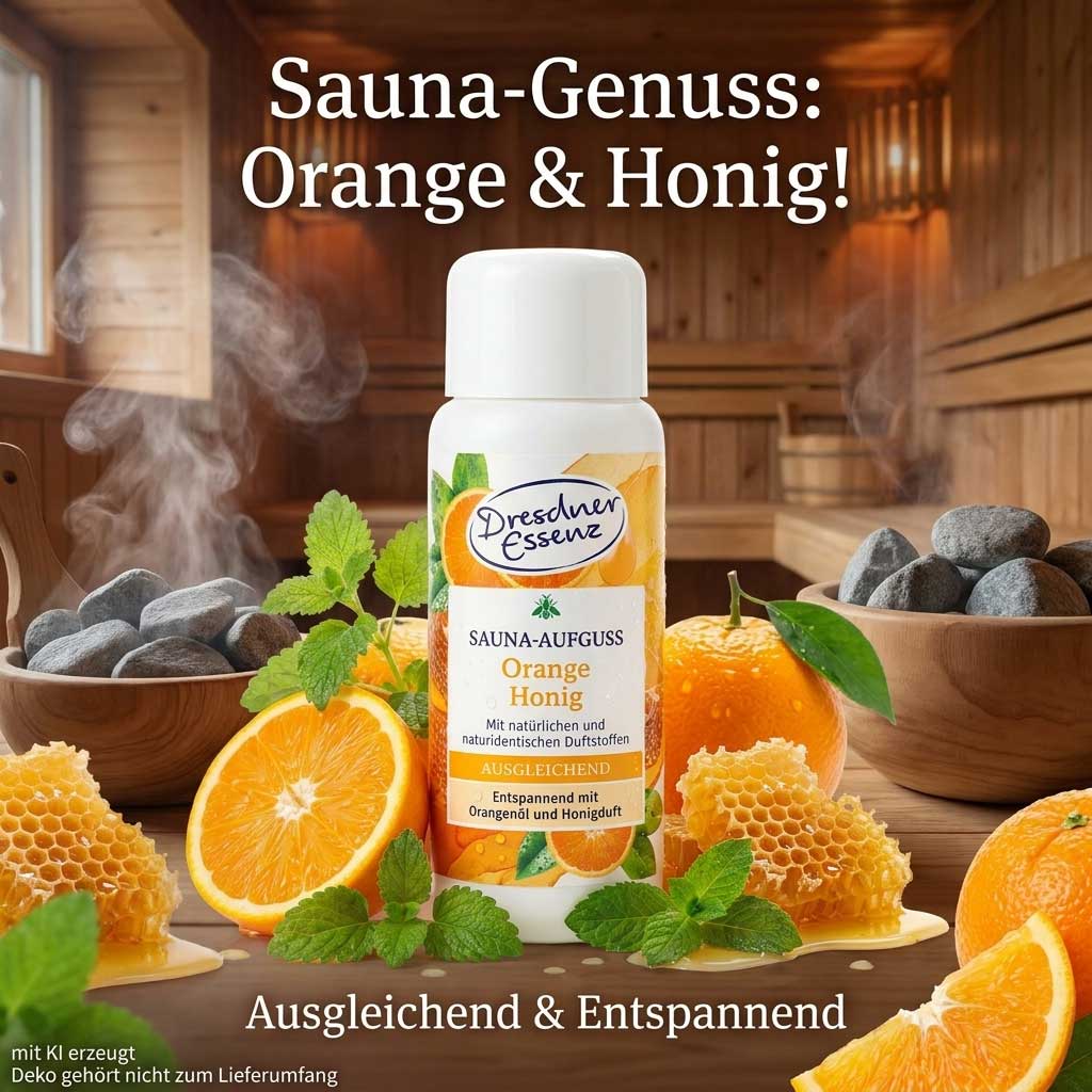 Eine Flasche Saunaaufgusskonzentrat aus Orangen und Honig steht auf einer Holzoberfläche.