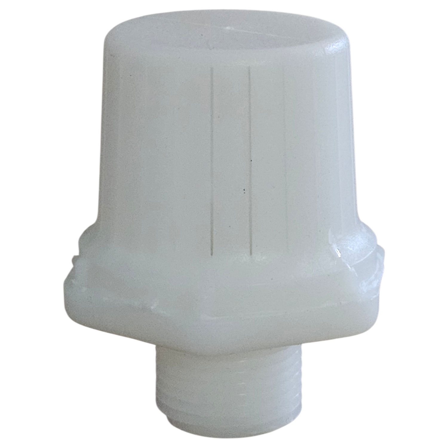 Weiße Ventilkappe aus Kunststoff mit Gewindesockel für Wassersysteme.