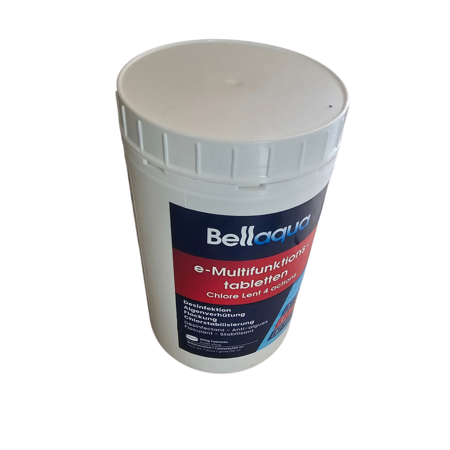 Behälter für multifunktionale Chlortabletten zur Poolpflege.