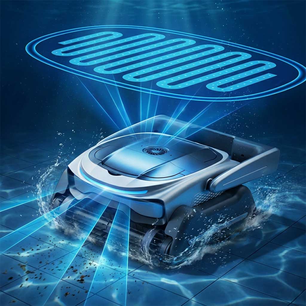 Ein autonomer Poolreiniger-Roboter, der in Wasser getaucht ist und zur Navigation blaue Lichtstrahlen aussendet.