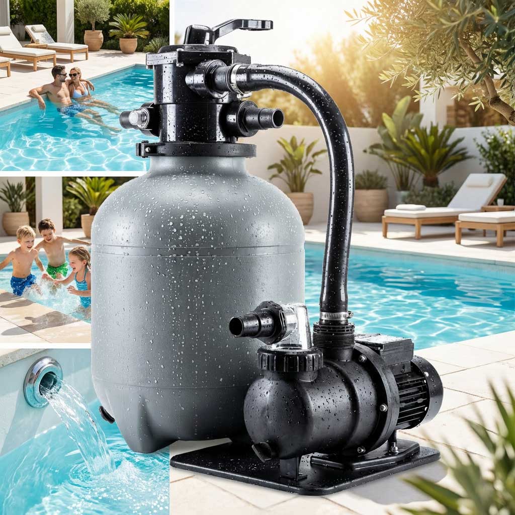 Poolfilteranlage mit Pumpe und Sandfilter neben einem Schwimmbad.
