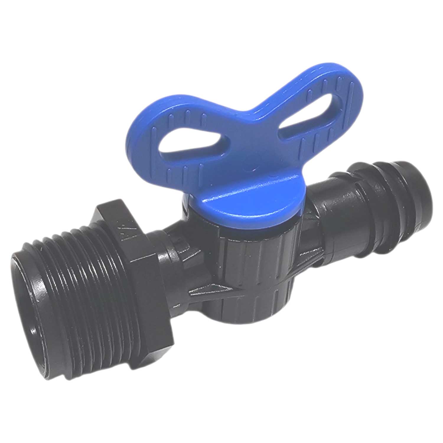 Schwarzes Kunststoffventil mit blauem Griff zur Flüssigkeitskontrolle.