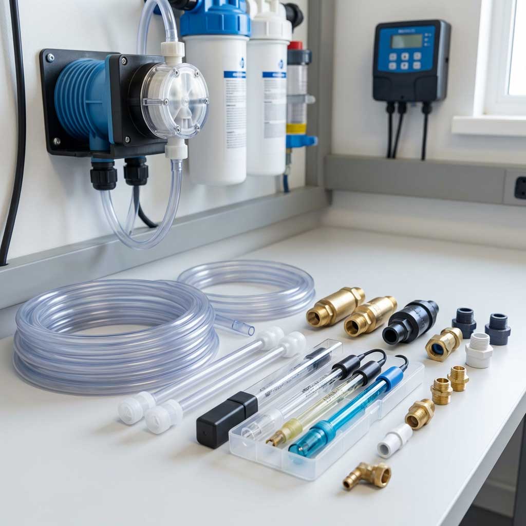 Das Bild zeigt einen Aufbau mit einer blauen Pumpe, Filtern, digitalem Monitor, Schläuchen und verschiedenen Anschlüssen.